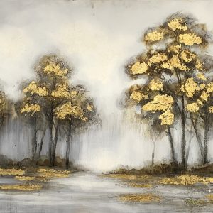 Pintura al óleo de hojas caídas amarillas