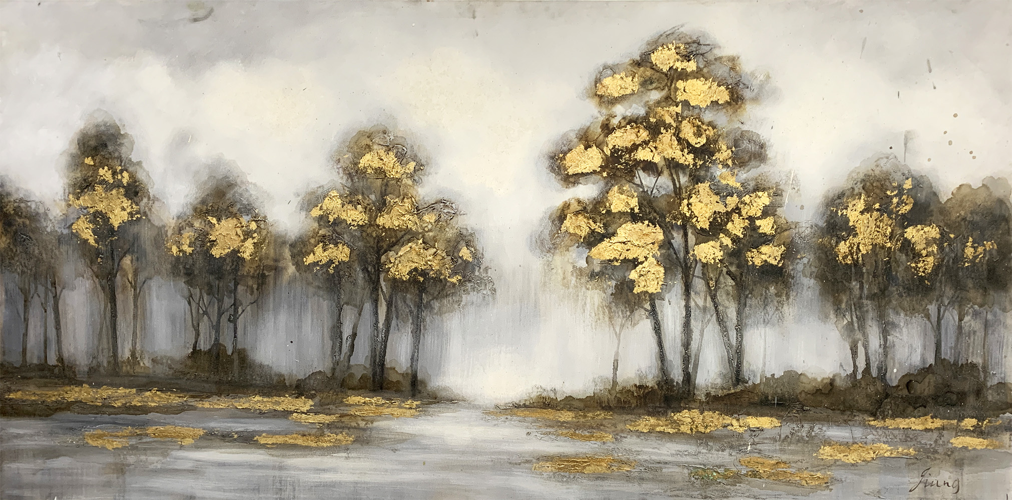 Yellow fallen leaves oil painting