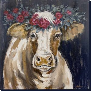 Vaca con flor de fondo oscuro Pinturas
