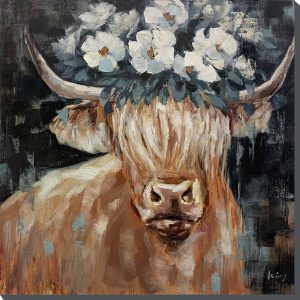 Vache en laine et fleur blanche à gros traits de peinture